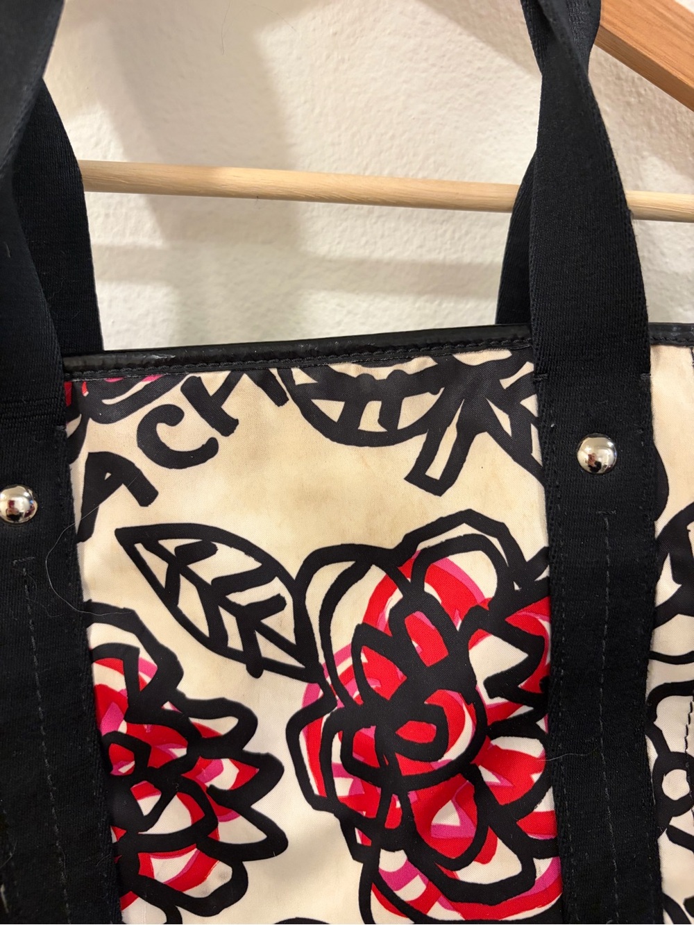 Coach Floral Satin Tote Bag in Cream, Black & Red - Picture 4 of 7